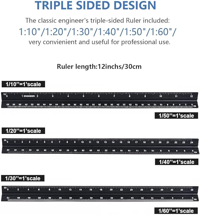 Engineer Scale Ruler, Imperial Measurements 12'', Laser-Etched Aluminum Architect Triangular Ruler Black for Architects, Students, Draftsman, and Engineers