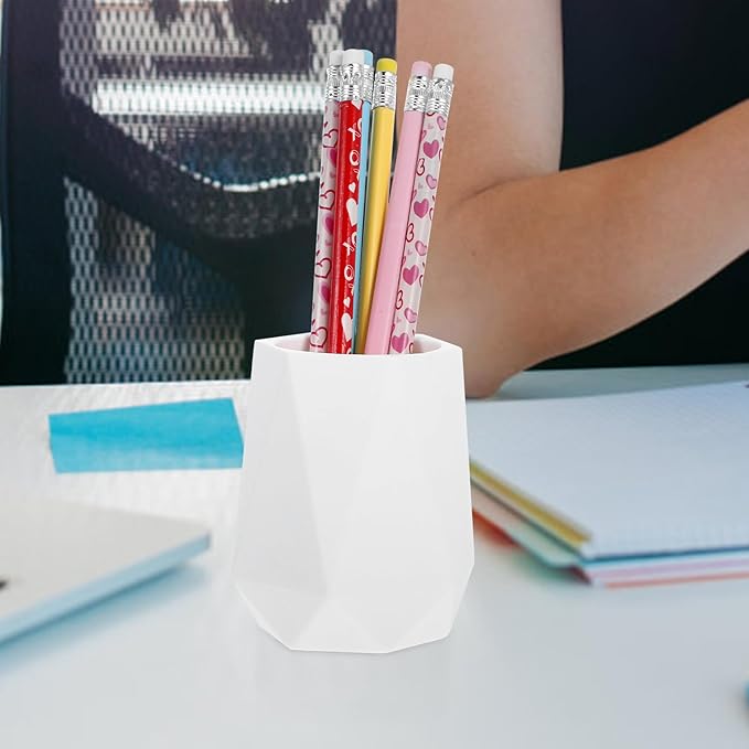 Veemoon Silicone Geometric Pencil Holder Pen Cup Small Desk Organizer Vase for Office Makeup Brush Stand White