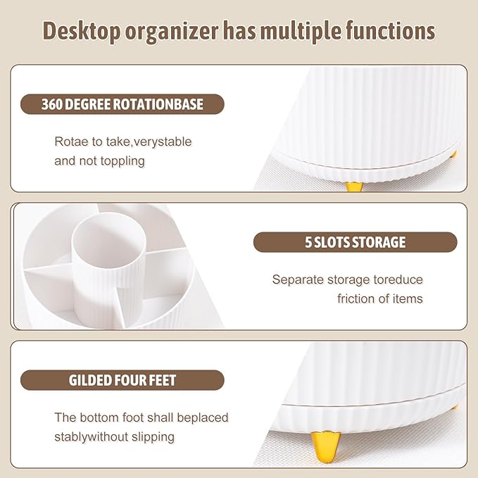 Gawsey Desk Organizers and Accessories Set with 360-Degree Rotating Pen Holder, Tape Dispenser, Stapler, Staple Remover, 1000 Staples, Tape, Clips Set, Ruler, Scissor, Pen (White)