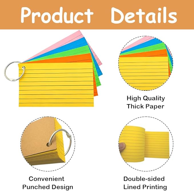 3000 Pcs Index Cards Bulk with Rings, 3x5 Inch Flash Cards with Holder for Studying, Colorful Notecards Lined for Office, Home, School Supplies College, Ruled Index Cards, Double Sided (5 Colors)