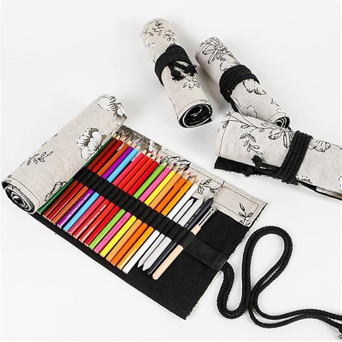 DIYOMR 12/24/36/72 Slots Pencil Wrap Pencil Rolls, Artist Colored Pencil Roll Up Bag Short Brush Pouch Case Pencils Organizer for Drawing Coloring and Sketching, No Pencils (Peony Flower, 12slots)