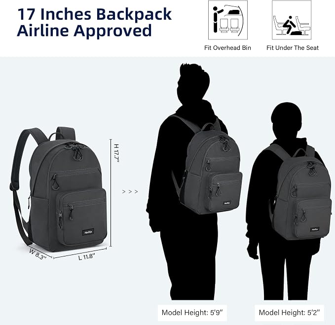 HanTrip 18 Inch Carry on Travel Backpack with Lots of Pockets, Dark Gray | 15.6 Inch Laptop Sleeve, Luggage Strap, Water Bottle Pocket, 28 Liters, Lightweight, Water Resistant, 18x14x8 Medium Bookbag