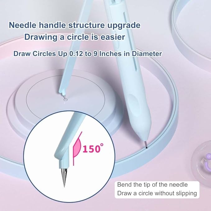 Compass for Geometry with Pencil, Includes Automatic Pencil, Compass, Ruler, Eraser 4 in 1 Set, Circle Compass Drawing Tool for Math, Drafting, Drawing, for Students, Kids, 1-Pack(Pink)