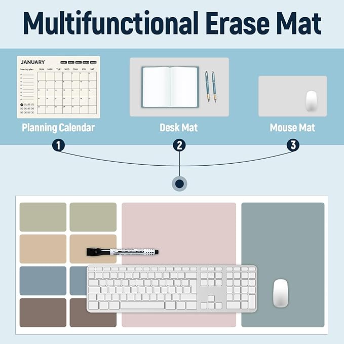 Dry Erase Desk Mat, Large Mouse Pad, Erasable Writing White Board for Making Plans, Self Adhesive Desktop Protector with 2 Wet Erase Markers & 1 Eraser for Home Office School 36"x16" (Boho)