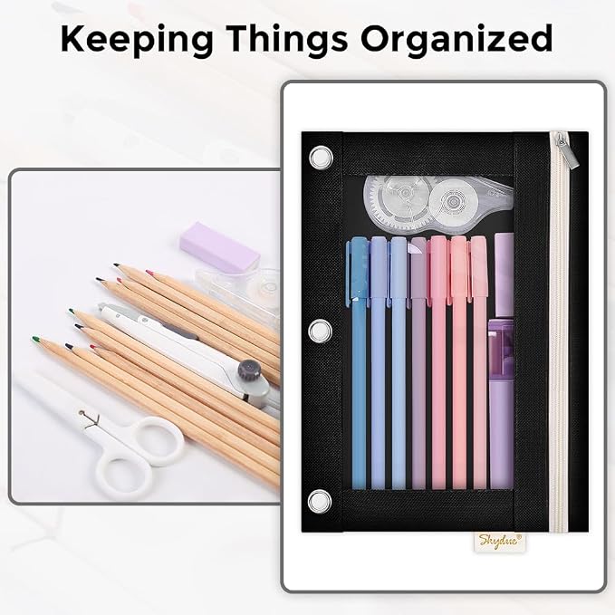 SKYDUE Pencil Pouch for 3 Ring Binder, 9.8" x 7.3" Clear Window Pencil Bag | Zipper Pencil Pouches for Girls Boys, Black Pencil Pouch with 3 Reinforced Grommets, Durable Organizer for School Supplies