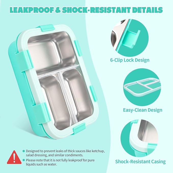 Kids Stainless Steel Bento Box, 3 Compartments Leakproof Lunch Box, Portable Food Storage Containers with Silicone Lids BPA-Free for Office, Picnics, Travel, Blue