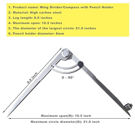 6/8 / 10 inch Wing Compass with Pencil Holder, Leather Working Wing Divider, Caliper & Scribe Tool, for Woodworking Drawing & Drafting (8 inch)