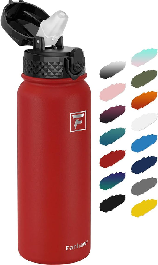 Fanhaw 20 Oz Kids Insulated Stainless Steel Water Bottle with Straw Lid, Leakproof & Anti-Dust Everyday Use Bottle for School, Women & Men, Back to School Essentials (Red)
