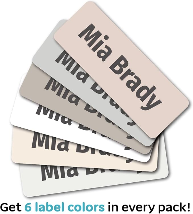 Kids Personalized Name Labels for School, Camp, Daycare (128 Labels) Custom Peel and Stick Waterproof Name Tags Stickers for Water Bottles, Lunch Boxes, Clothing, School Supplies (Neutral Colors)