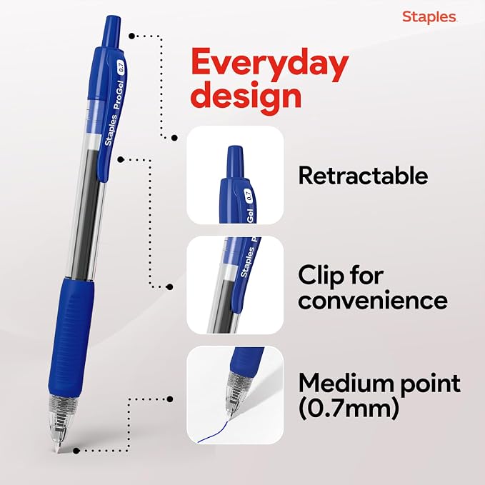 STAPLES Retractable Gel Pens, Fine Point 0.7mm, Blue Ink, 48 Pack – ProGel Smooth‑Writing Pens for Office, School & Home