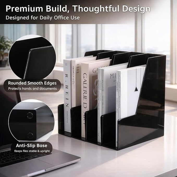 CiWiVOKi Vertical Magazine File Holder, Desk Organizer and Storage for Magazines, Binders, Notebooks, Envelopes, Multi-Purpose Desktop File Organizer for Home, Office & Classroom, 4 Pack, Black