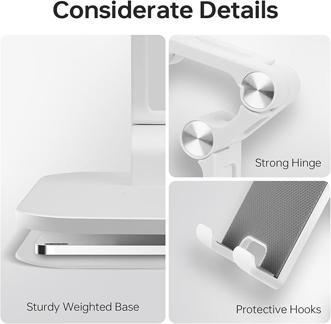 Foldable Phone Stand for Desk - Adjustable Height & Angle Cell Phone Holder, Portable Tablet Stand with Anti-Slip Base for Home, Office, and Travel, Compatible with iPhone & All 4-11" Devices (White)