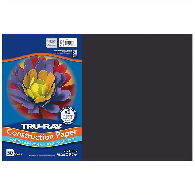Tru-Ray® Construction Paper, Black, 12" x 18", 50 Sheets Per Pack, 5 Packs
