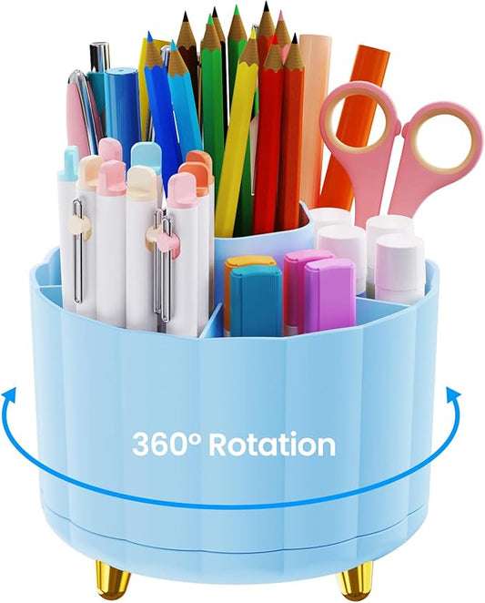 360 Degree Rotating Pen Holder for Desk, 6 Slots Desktop Organizer Caddy for Pens, Pencils, Markers, Multi-Functional Pencil Cup & Office Supplies Holder, Blue