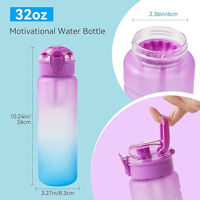 Kerilyn 32oz Water Bottle, Leakproof Sports Water Bottle, BPA Free Plastic Water Bottle No Straw, Reusable Water Bottle with Handle, Fruit Infuser for Gym Fitness, Camping, Outdoor, Mix 1