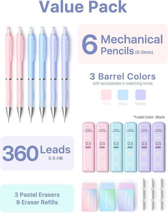 Four Candies Pastel Mechanical Pencil Set, 0.5mm Fine Point, Pack of 6 | 360 HB/2B Leads, 3 Erasers+9 Refills, Storage Case, Cute Pink/Purple/Blue Barrels, Rubber Grip, for Homework & Journal