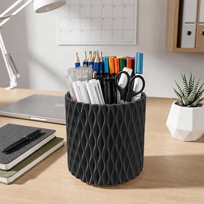 Lebenrich Aesthetic Black Pen Holder for Desk, Rotating Plastic Desk Pencil Holder Organizer for Home School Office