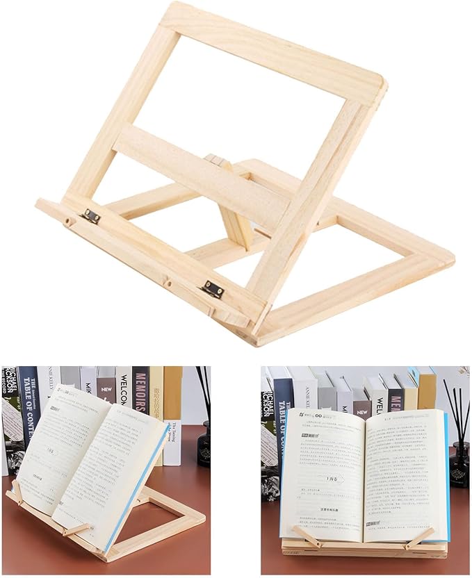 Zerodis Book Stand, Natural Wooden Adjustable Bookrest Portable Lightweight Reading Holder Space Saving Small Cookbook Stands for Recipe Cookbooks Magazines Tablets Laptops (Wooden)