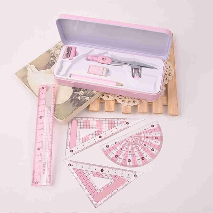 Geometry Set, Pencil for Compass, Pencil Sharpener, Rulers, Straight Ruler, Protractor, Graphic Compass, White Eraser Shatterproof Storage Box Protractor, Math Geometry Kit Drawing Tools (Pink)