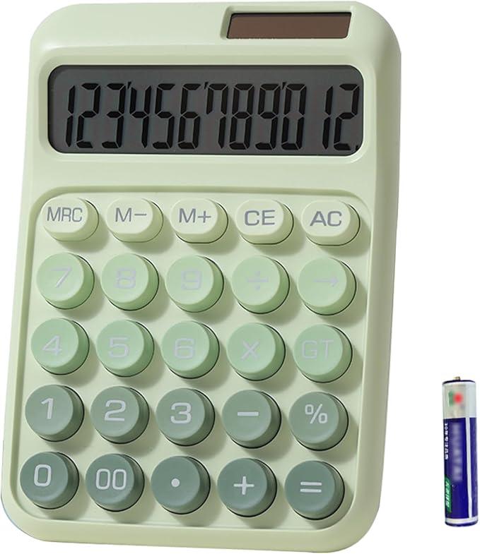 Desk Calculator, Merchanical Big Buttons,12 Digits Large LCD Display Calculadora, Solar and Battery Dual Power, Battery Include, Cute Basic Calculator for School,Office,Home,Business (Green)
