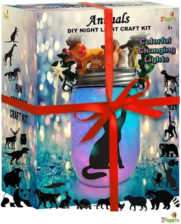 2Pepers DIY Zoo Animal Toy Night Light Art and Craft Kit for Kids Ages 3-12 Years, Animal Gift for Boys & Girls Birthday Present, Safari STEM Project Set, Jungle Sensory Bin Bedroom Decor Activity