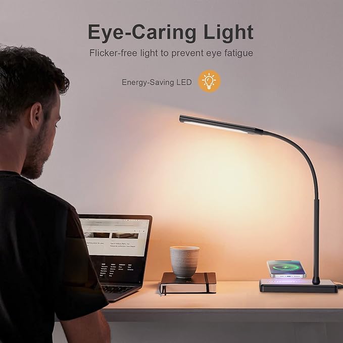 LED Desk Lamp for Office Home, Wireless Charger Desk Lamp with Dimmable, 12W Eye-Caring Desk Light, 600LM Reading Light for Desk, 5 Color Modes 6 Brightness Levels Lamp for Study, Workbench