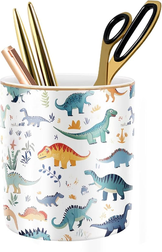 Pen Holder, Pencil Cup for Desk, Cute Makeup Brush Holder, Durable Ceramic Organizer Decor for Room, Office, Classroom, Cute Dinosaur Pattern