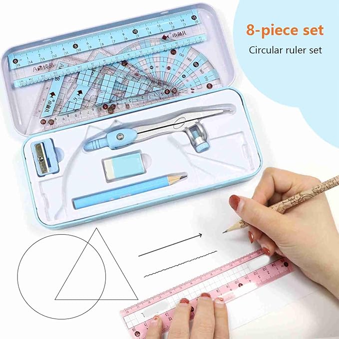 Math Geometry Kit, Pencil for Compass, Pencil Sharpener, 2 Rulers, Straight Ruler, Protractor, Graphic Compass, White Eraser Shatterproof Storage Box Protractor Math Compass Kit (Blue)