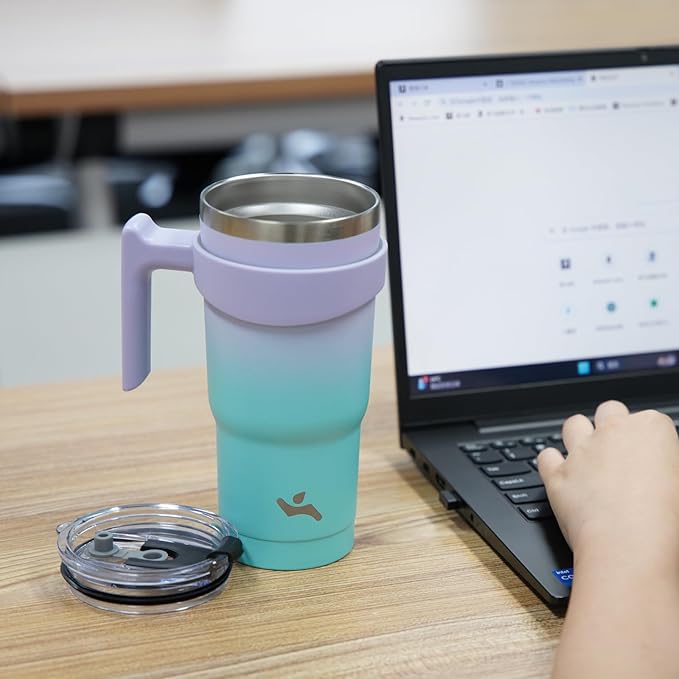 Konokyo 20 oz Tumbler with Handle and 2 Straw 2 Lid, Insulated Water Bottle Stainless Steel Vacuum Cup Reusable Travel Mug, Lavender Green