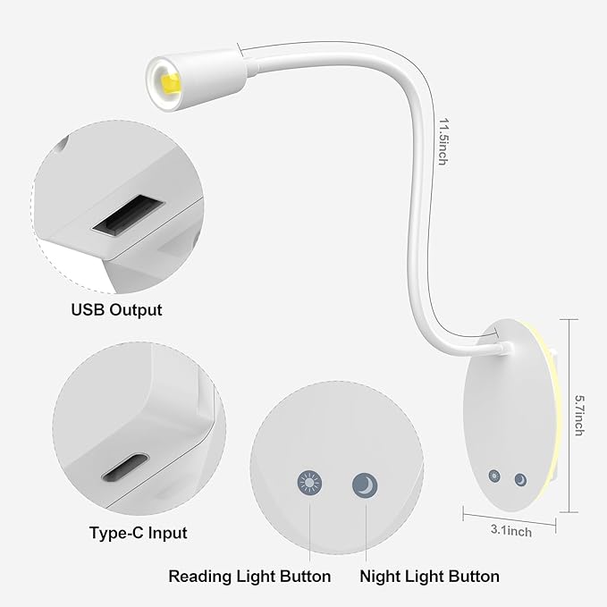 Rechargeable Wall-Mounted Reading Light for Bed - Cordless Bedside Lamp with 40H Battery, 3 Color Temperatures & Stepless Dimming, Eye-Care Night Light, USB Output, No Disturb to Partner(2pcs)