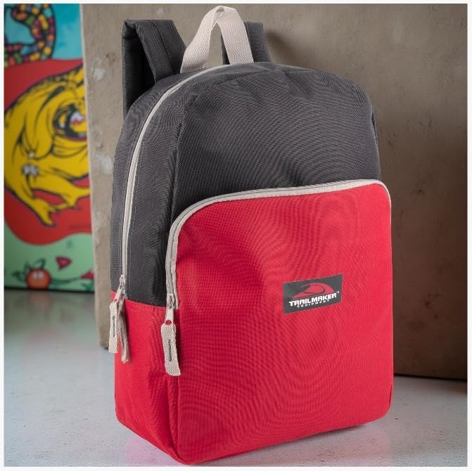 Trail maker 15 Inch Backpack for Kids, Preschool, Elementary & Middle School Students – Spacious Bookbag with Large Front Pocket, Adjustable Straps, Fits up to 13 Inch Laptop (Red)