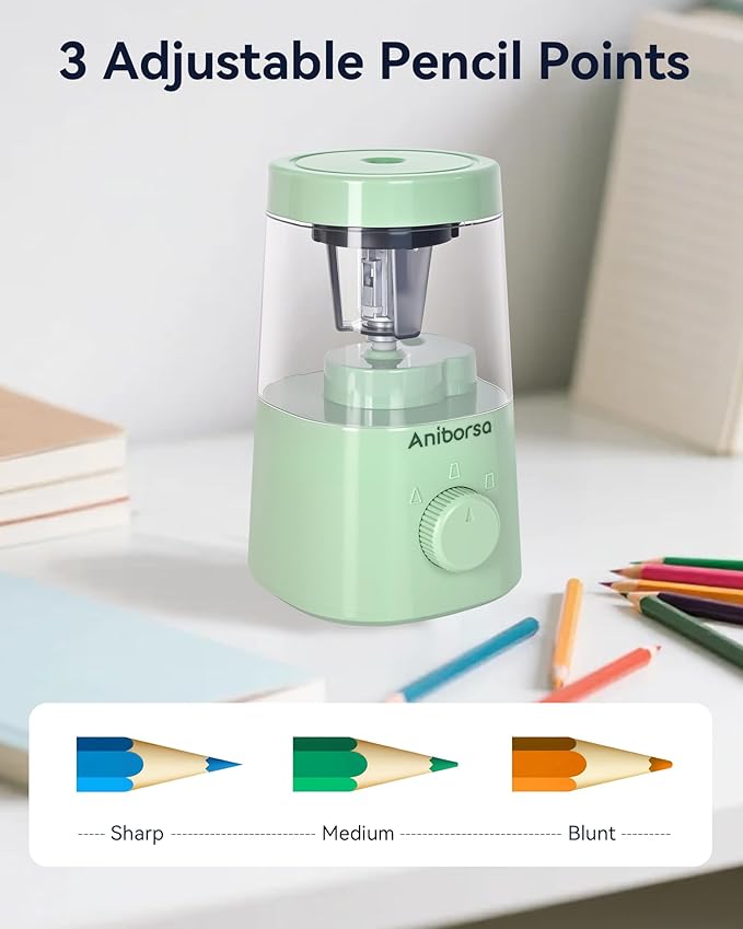 Electric Pencil Sharpener, Helical Blade Automatic Pencil Sharpener, Battery/USB Cord Operated Adjustable Sharpness for 6-8 mm Pencil, Classroom, School, Office, Home, Green