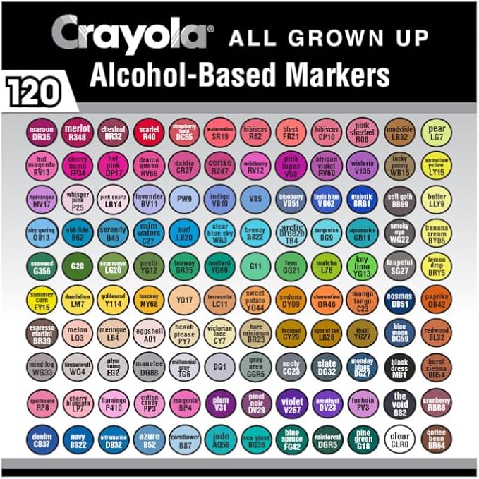 Crayola Dual-Tip Alcohol Marker Set for Adults (120ct), Bulk Adult Coloring Book Markers for Blending, Shading & Layering, Fine & Brush Tips [Amazon Exclusive]