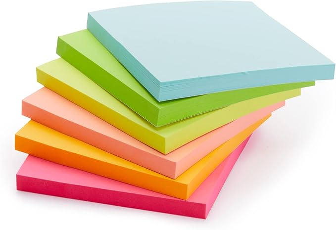 Amazon Basics Square Sticky Notes for Organizing, Reminders, To Do Lists, Clean Removal, 3"x3", 24-Pack, Assorted Colors