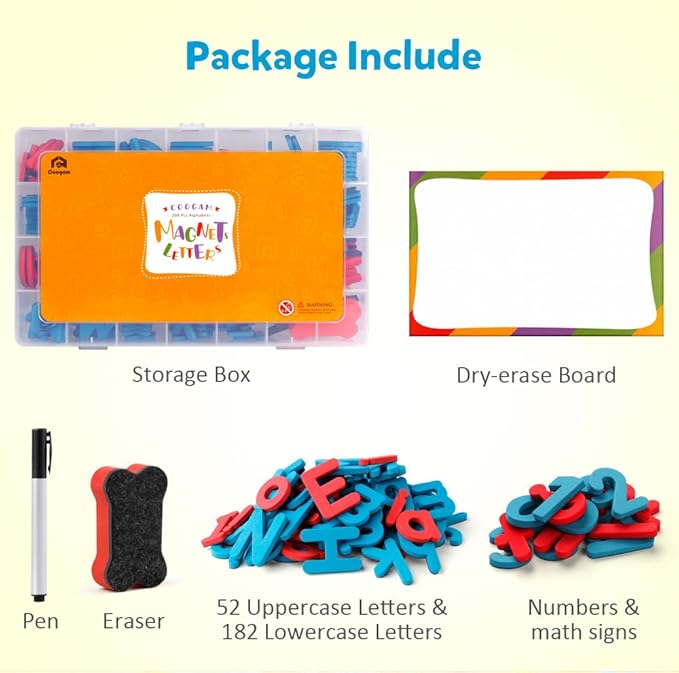 Coogam Magnetic Letters 251 Pcs with Magnetic Board and Storage Box - Uppercase Lowercase Foam Alphabet ABC Magnets for Fridge Refrigerator - Educational Toy Set for Classroom Kids Learning Spelling