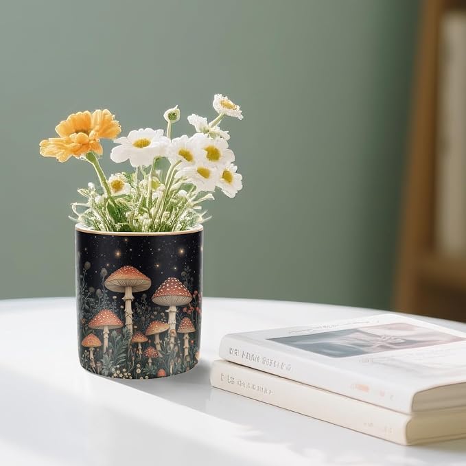 Cute Pen Pencil Holder for Desk, Durable Ceramic Organizer Decor for Room, Office, Classroom, Mushroom Pattern