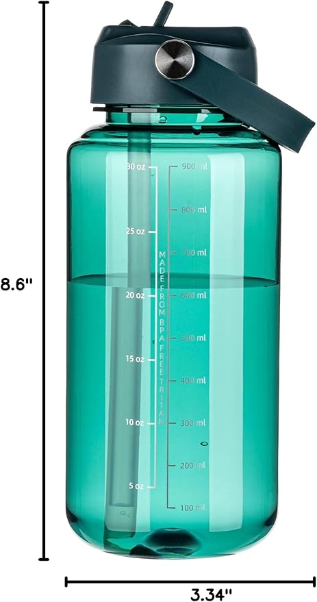 OLDLEY 32 oz Clear Water Bottle with Straw,Tritan BPA-Free, Wide Mouth, Leak Proof - for Gym, Travel, Home, School, Office (Lagoon)