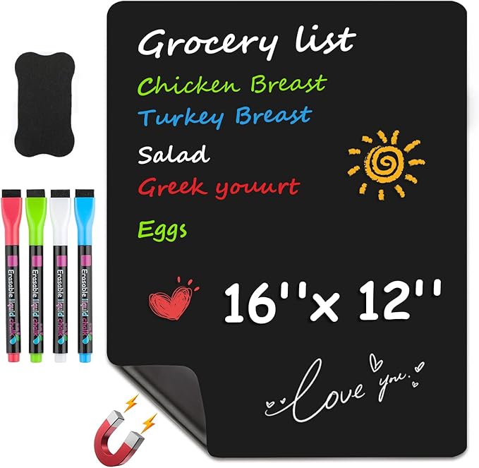 MaxGear Magnetic Black Dry Erase Board Sheet for Refrigerator, 16"x12" Fridge Magnetic Whiteboard for Kitchen, Fridge Shopping List for Family Planner and Grocery List, 4 Chalk Markers, 1 Eraser