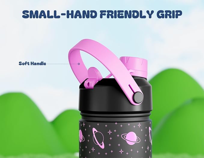 18 oz Kids Insulated Water Bottle: Glow-in-the-Dark, 2-in-1 Straw Spout Lid, Leakproof, BPA-Free, Keep Cold 24H, Stainless Steel Cup for School, Party, Travel, Holiday, Gift (Magic Glow Planet)
