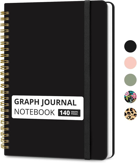 Taja Graph Spiral Journal Notebook for Women & Men, 140 Pages, Graph Paper Hardcover Notebook for Planning & Tracking, Journals for Graphing, A5(5.7" x 7.9") – Black