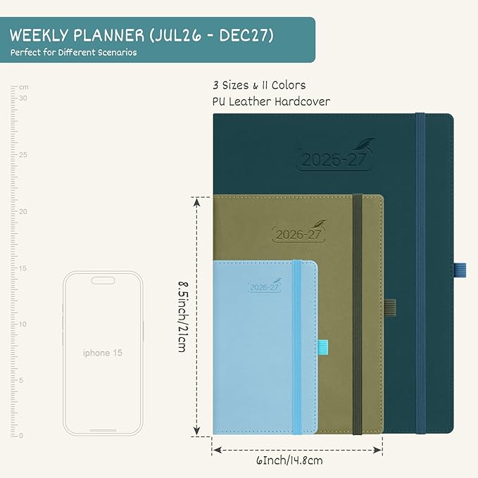 BEZEND Weekly Planner 2026-2027 (6" x 8.5") with Hourly Timeslots (Jul 26-Dec 27) 18 Months Academic Calendar & Monthly Tabs, Ideal for Students, Work & Home, PU Leather Hardcover -Cornflower
