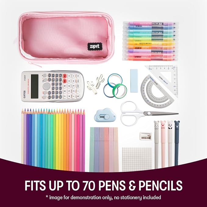 ZIPIT Half & Half Pencil Case for Girls, 3-Compartment Zipper Pouch, Pink | Clear-front pencil case for school, dedicated organizer panels, holds up to 70 pens & pencils, durable easy-care polyester