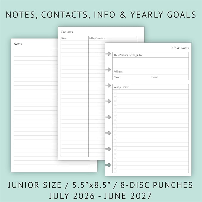 2026-2027 Weekly & Monthly Planner Refills for 8-Discbound Planners, July 2026 to June 2027, Junior Size, 5-1/2"x8-1/2"