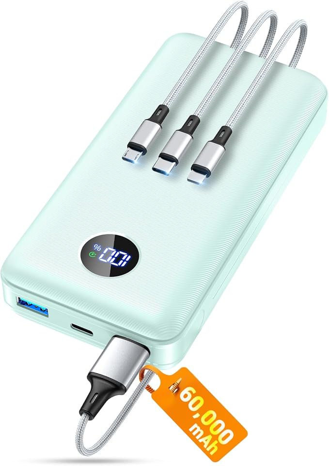 Portable Charger Power Bank, 60000mAh Battery Pack with 3 in 1 USB-C/iOS/Micro-USB Cable, 22.5W Fast Charging Portable Phone Charger, Travel Camping Essential Powerbank for iPhone 17/16 Samsung,Mint