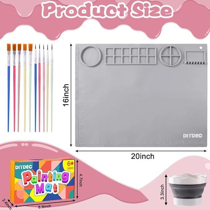 DIYDEC Silicone Craft Mat for Kids 20X16 Inch Large Silicone Art mat with Detachable Cup Painting Mat with 10 Painting Brushes Silicone Mat for Boy Girl DIY Gift Accessories (Grey)