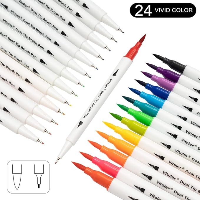 Vitoler Colored Markers Highlighters Dual Tip Brush Pens,Fine Tip Markers & Fine Point Art Pens for Adult Coloring Drawing Planner Art Craft Supplies (24 Brush Pens Set)