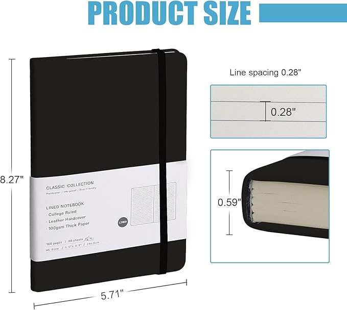 Lined Journal Notebook, 6Pack Hardcover Notebook for Men & Women – Journals for Writing, Work, School, Home & Daily Notes, 160 Pages – Medium A5, 5.7"x8", 100 gsm Thick Paper (Black)