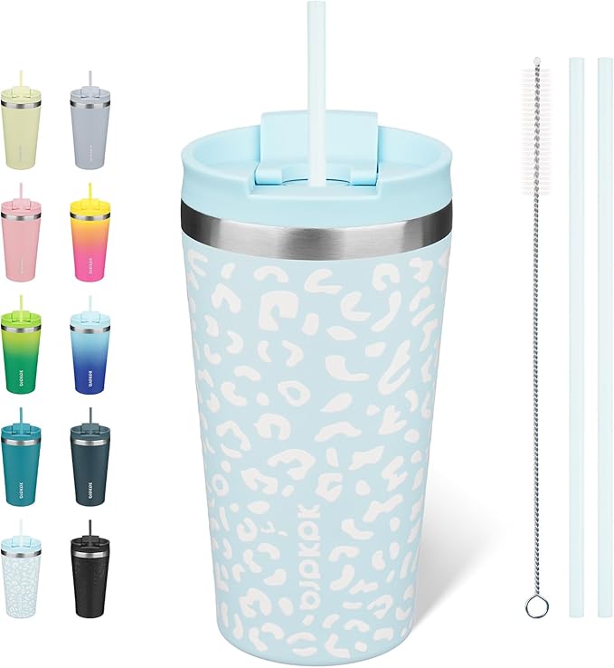 BJPKPK 18oz Tumbler With lid And Straw Stainless Steel Travel Coffee Mug Insulated Tumblers Cups,Light Blue Leopard