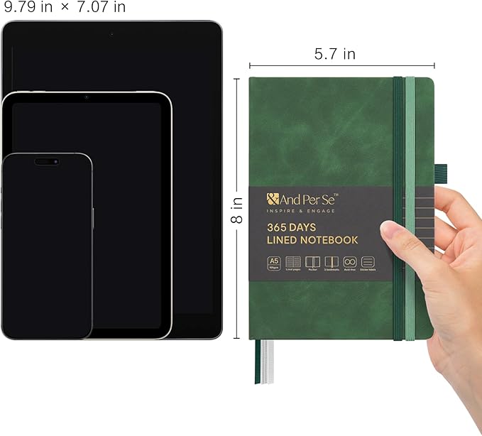 &And Per Se 365 Page Journal – A5 Hardcover Lined Notebook, One Book for the Whole Year, 100gsm Thick Paper, Numbered Pages & 3 Bookmarks, Annual Diary for Daily Writing (Green)