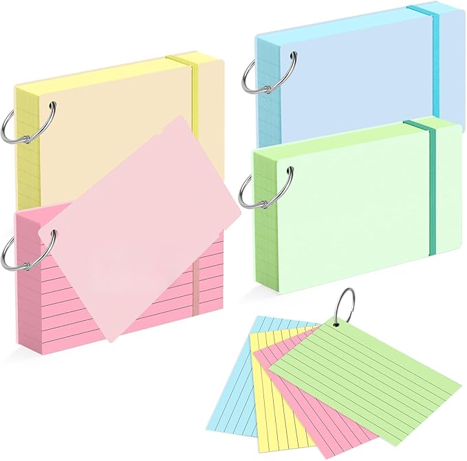 HAUTOCO 400 PCS Colored Flash Cards 3x5 with Rings, Ruled Index Cards with Waterproof Dividers, 4 Colors Study Notecards for Students, Teachers, Exam Prep, Office